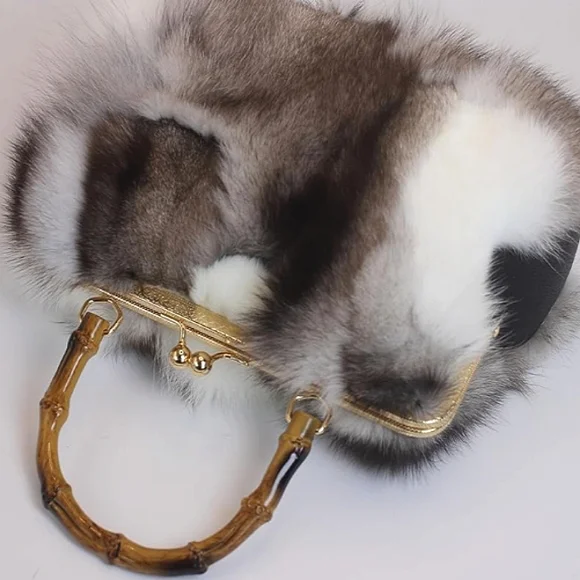 NWT Real Fox Fur Handbag - Vintage Kisslock Purse with Bamboo Handle, Patchwok - Picture 2 of 7